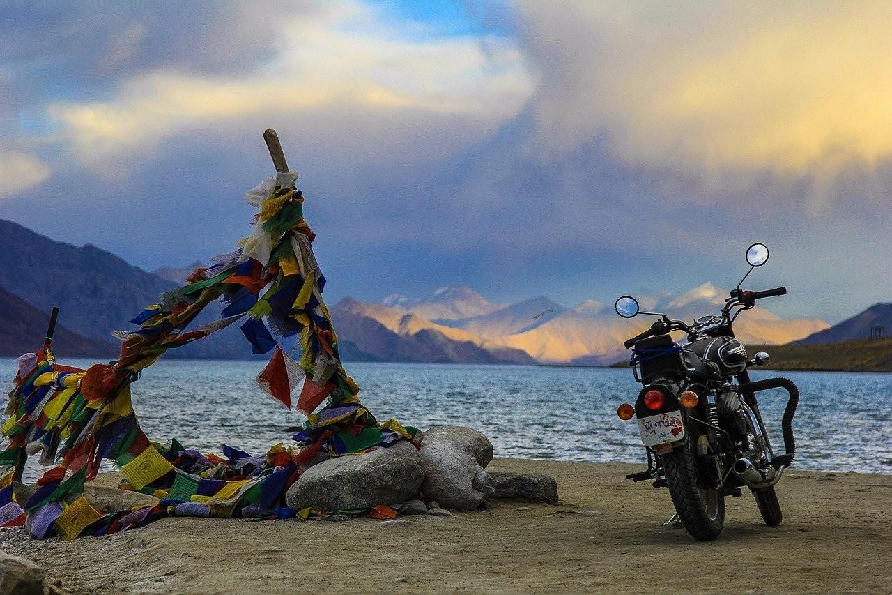 lake view in ladakh in India a bike on lakeside of pangong lake in ladakh in India